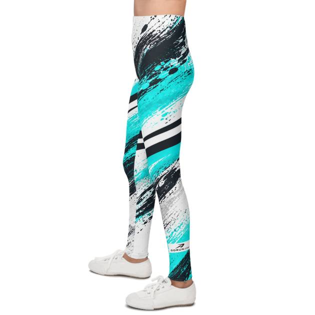 Youth Leggings – Turquoise Black Abstract Brushstroke Pattern
